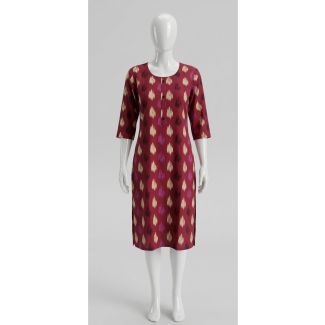 Women's Maroon Ikat Printed Rayon Kurti with 3/4 Sleeve style India