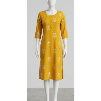 Women's Mustard Yellow Floral Print Rayon Kurti 3/4 Sleeve India