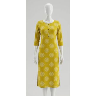 Women's Mustard Yellow Floral Rayon Kurti 3/4 Sleeve India