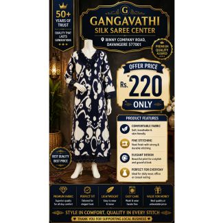 Womens Navy Blue Abstract Print Kurti 3/4 Sleeve A-Line Kurti India