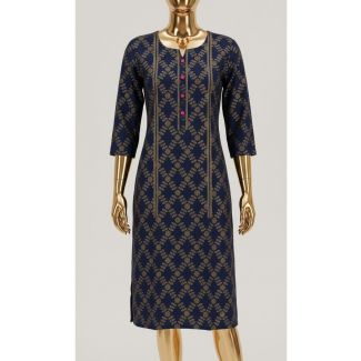 Women's Navy Blue Geometric Print Cotton Kurti 3/4 Sleeve ethnic wear India