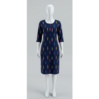 Women's Navy Blue Ikat Print Rayon 3/4 Sleeve Kurti India