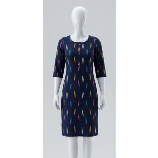 Women's Navy Blue Ikat Printed Rayon 3/4 Sleeve Kurti Online India