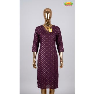 Womens plum purple cotton kurti with gold foil print patterns in India