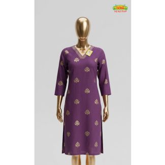 Women's purple gold foil print textured cotton 3/4 sleeve kurti in India