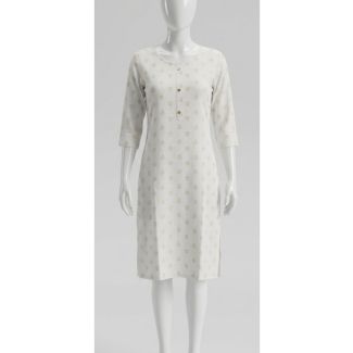 Women's White Gold Printed Rayon 3/4 Sleeve Straight Kurti India