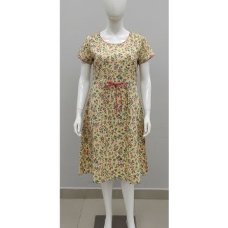 Light yellow ditsy floral print A-line dress with short sleeves and pink tie waist