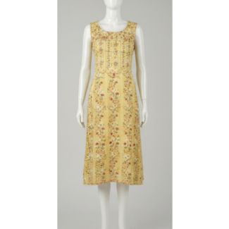 Yellow floral sleeveless A-line midi dress with round neckline
