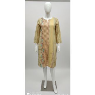 Yellow patchwork cotton kurti with 3/4 sleeves and A-line fit