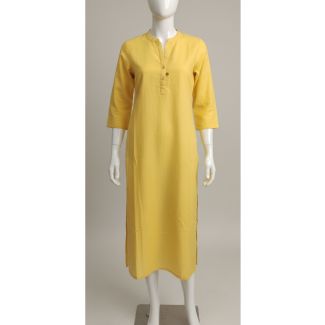 Yellow solid cotton kurti 3/4 sleeve mandarin collar - Gangavathi Exports