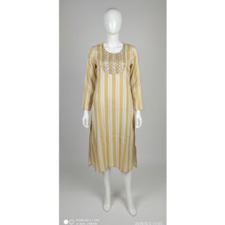 Yellow and cream vertical striped cotton kurti with embroidered yoke on mannequin India