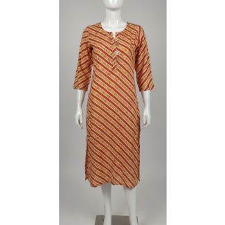 Mustard and red striped cotton kurti 3/4 sleeve A-line - Gangavathi Exports