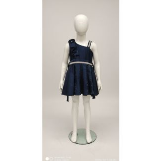 Navy blue one-shoulder kids party dress displayed on a white mannequin