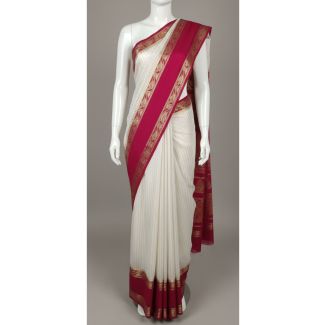 Off-White & Maroon Cotton Blend Saree