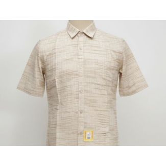 Close-up of a beige textured cotton shirt with short sleeves and a collared neckline on a mannequin