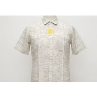 Beige slub cotton short sleeve shirt with fine dark crosshatch texture