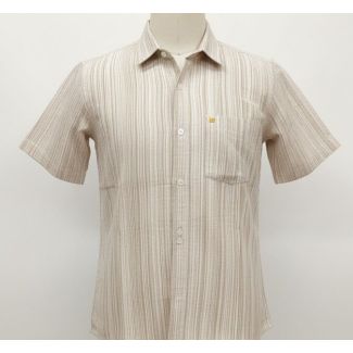 Close-up of a beige vertical striped short sleeve button-down shirt on a mannequin.