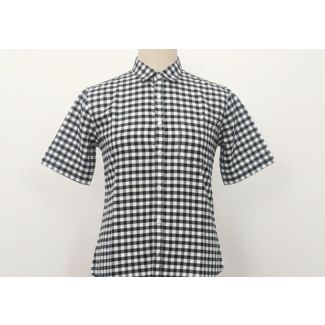 Close-up of a black and white gingham short sleeve button-down shirt