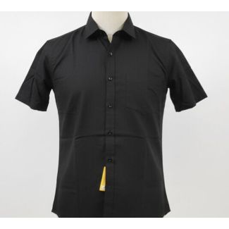 Close-up of a black cotton collared shirt with short sleeves and a tailored fit.