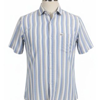 Blue and gray striped short sleeve collared shirt on a mannequin