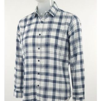 Blue and white plaid cotton button-down shirt with long sleeves
