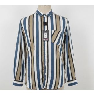 Blue, brown, and white striped button-down shirt with long sleeves