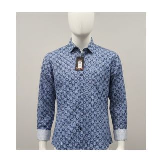 Blue geometric print cotton slim fit shirt with full sleeves India