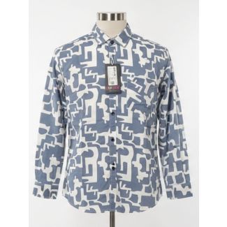 Men's blue and white abstract print cotton full sleeve shirt