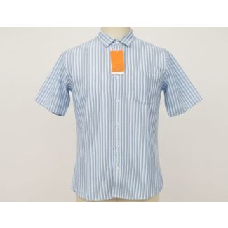 Light blue and white vertically striped men's short sleeve button-down shirt