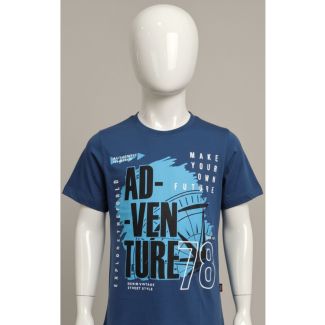 Boys deep blue short sleeve cotton t-shirt with large adventure graphic print