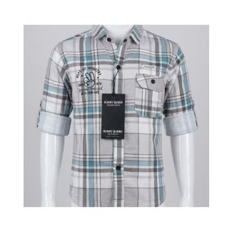 Boys grey and teal checkered cotton full sleeve button down dress shirt India