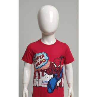 Bright red short sleeve cotton t-shirt for boys featuring Spiderman graphic India