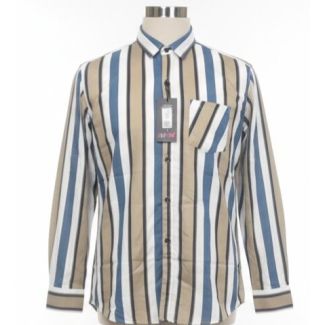 Men's brown, blue, and white striped cotton button-down shirt
