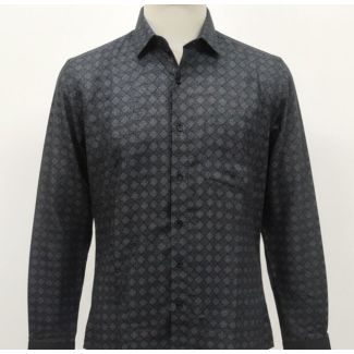 Close-up of a charcoal gray cotton shirt with a geometric pattern, long sleeves, and a classic collar