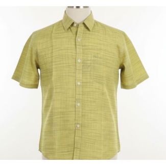 Chartreuse woven men's short sleeve collared shirt with faint horizontal texture.