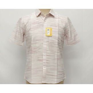 Cream cotton shirt with red horizontal stripes, short sleeves, and a button-down design.