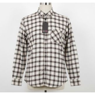 Cream and dark brown checkered flannel shirt with long sleeves and collar