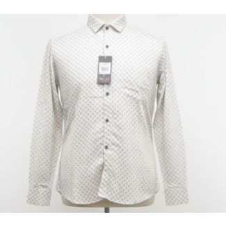 Cream long sleeve button-up shirt with a small grey geometric pattern