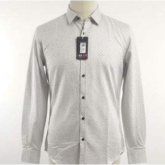 Cream colored men's shirt with geometric print, long sleeves, and button-down front