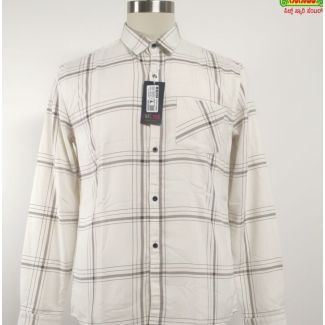 Cream cotton collared shirt with grey plaid pattern and long sleeves