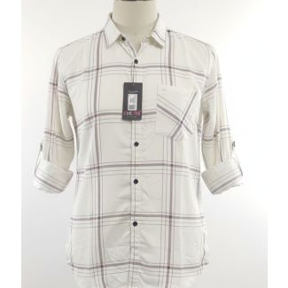 Cream colored cotton shirt with grey and purple plaid pattern, collared, button-down, and roll-up sleeves