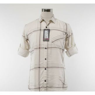Cream-colored plaid shirt with roll-up sleeves, button-down style, and a classic collar.
