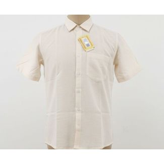 Cream colored short sleeve shirt with a subtle checkered pattern and pointed collar.