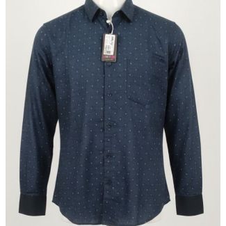 Dark blue cotton men's shirt with a small white dotted print and black cuffs.