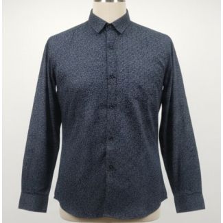 Dark blue collared cotton shirt with a navy geometric pattern and long sleeves