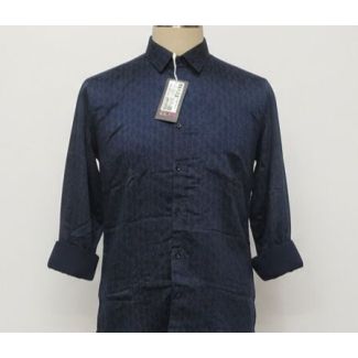 Dark navy blue men's collared shirt with tone-on-tone geometric print and rolled sleeves.