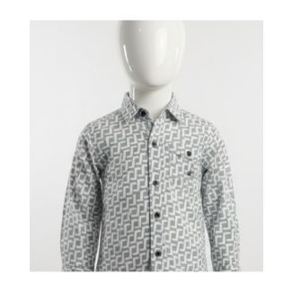 Grey and white geometric print cotton shirt for boys with full sleeves India