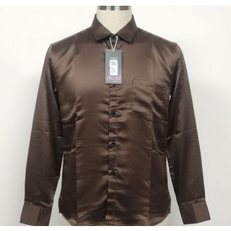 Close-up of a mannequin wearing a glossy, deep brown full-sleeve button-up shirt.