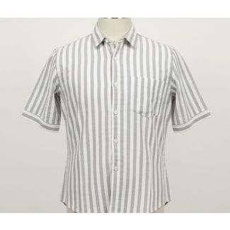 Close-up of a gray and white striped short sleeve shirt on a mannequin