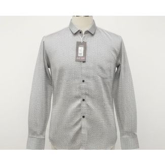 Gray cotton shirt with a subtle dotted print, long sleeves, and button-down front.